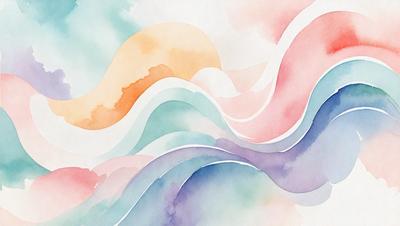 The primary subject of the image is a colorful, abstract painting featuring a wave-like pattern. The setting is a white background, which contrasts with the vibrant colors of the painting. The visual style is a combination of digital art and illustration, creating a unique and artistic representation of the wave. The dominant colors in the painting are purple, blue, and orange, which contribute to a calming and energetic atmosphere.