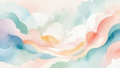 The primary subject of the image is a cloudy sky with a mountainous landscape in the background. The setting is a colorful, watercolor-style painting that showcases the beauty of nature. The visual style is a combination of digital art and illustration, creating a vibrant and lively atmosphere. The dominant colors include shades of pink, blue, and green, which contribute to the overall mood of the painting.