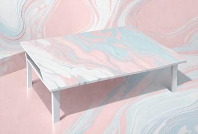 The primary subject of the image is a white table with a marbled top. The table is placed on a pink surface, which adds a contrasting color to the scene. The visual style of the image is a combination of photo and digital art, creating a unique and eye-catching design. The colors and mood of the image are predominantly pink and white, giving it a warm and inviting atmosphere.