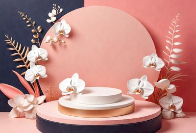 The primary subject of the image is a white flower, which is placed on a pink surface. The setting appears to be a studio or a controlled environment, as the flower is positioned on a white plate. The visual style of the image is a combination of photo and digital art, creating a realistic yet artistic representation of the flower. The dominant colors in the image are white and pink, giving it a clean and elegant appearance.