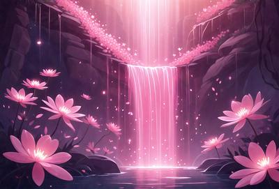 The primary subject of the image is a waterfall with a pink hue, surrounded by a forest of pink flowers. The setting is a serene, natural environment with a water body, possibly a lake or a river. The visual style is a digital art or illustration, creating a vibrant and lively atmosphere. The dominant colors are pink and purple, giving the scene a romantic and enchanting mood.