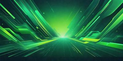 The primary subject of the image is a green tunnel, which appears to be a futuristic tunnel. The setting is a brightly colored, digital art-style environment, with a green background and a patterned design. The visual style is a combination of digital art and illustration, creating a vibrant and dynamic scene. The colors and mood of the image are predominantly green, with a sense of movement and energy.