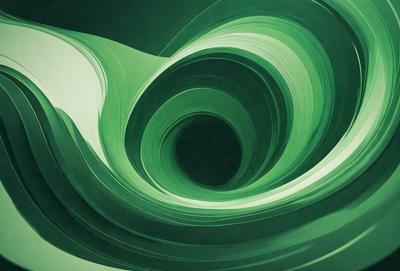 The primary subject of the image is a large, green, spiral-shaped object. The setting is a dark background, which contrasts with the bright green color of the spiral. The visual style appears to be a combination of a photo and digital art, creating a unique and intriguing image. The colors and mood of the image are predominantly green, giving it a calm and serene atmosphere.