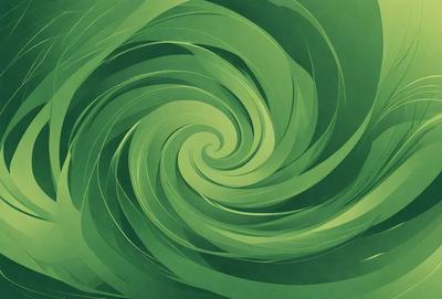 The primary subject of the image is a large, spiral-shaped green design. The setting is a colorful, swirling background that complements the spiral design. The visual style is a combination of digital art and illustration, creating a vibrant and dynamic scene. The colors and mood are predominantly green, with a sense of movement and energy.