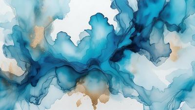 The primary subject of the image is a painting of a blue and white ocean scene. The setting is a white background, and the visual style appears to be a digital art or illustration. The dominant colors in the painting are blue and white, creating a serene and calming atmosphere.