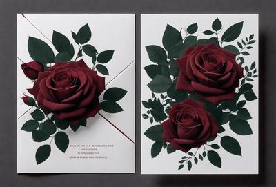 The primary subject of the image is a red rose, which is the focal point of the scene. The rose is displayed in a card, and it is surrounded by green leaves. The setting is a card, and the visual style is a combination of a photo and digital art. The dominant colors are red and green, creating a warm and vibrant atmosphere.
