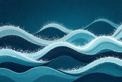 The primary subject of the image is a wave, which is the main object, scene, or focus of the image. The wave is depicted in a blue and white color scheme, giving it a calm and serene atmosphere. The setting or background of the image is a dark blue sky, which contrasts with the wave and adds depth to the scene. The visual style of the image is a combination of digital art and illustration, creating a dynamic and visually appealing representation of the wave.