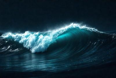 The primary subject of the image is a large wave in the ocean. The wave is crashing down, creating a powerful and dynamic scene. The setting is the ocean, with the wave being the main focus of the image. The visual style is a photo, capturing the natural beauty of the ocean and the force of the wave. The colors and mood of the image are predominantly blue, with the wave and the ocean creating a serene and majestic atmosphere.