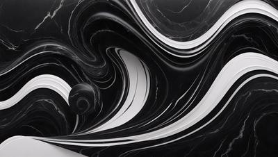 The primary subject of the image is a black and white marble pattern. The setting is a black and white marble surface, which serves as the background. The visual style is a combination of a photo and digital art, creating a unique and intricate pattern. The colors and mood of the image are predominantly black and white, giving it a classic and elegant appearance.