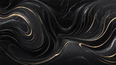 The primary subject of the image is a black marble countertop with a gold pattern. The setting is a kitchen, and the visual style is a close-up of the marble countertop. The dominant colors are black and gold, creating a luxurious and elegant atmosphere.