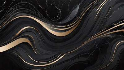 The primary subject of the image is a marble countertop with a black and gold pattern. The setting is a kitchen, and the visual style is a close-up of the countertop. The dominant colors are black and gold, creating a luxurious and elegant atmosphere.
