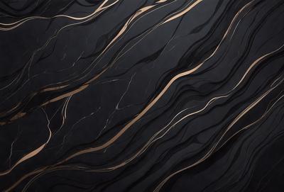The primary subject of the image is a black and gold marble pattern. The setting is a dark background, which contrasts with the marble pattern. The visual style is a close-up of the marble pattern, showcasing its intricate details. The colors and mood of the image are predominantly dark, with the gold and black colors creating a sense of luxury and sophistication.