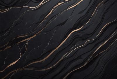 The primary subject of the image is a black and gold marble pattern. The setting is a dark background, which contrasts with the marble pattern. The visual style is a close-up of the marble pattern, showcasing its intricate details. The colors and mood of the image are predominantly dark, with the gold and black colors creating a sense of luxury and sophistication.