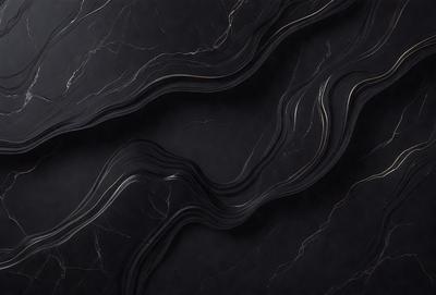 The primary subject of the image is a black marble countertop with a patterned design. The setting is a kitchen, and the visual style is a close-up of the marble countertop. The colors and mood of the image are dark and dramatic, with the black marble providing a striking contrast against the dark background.