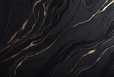The primary subject of the image is a black and gold marble countertop. The setting is a dark room, and the visual style is a close-up of the marble countertop. The colors and mood of the image are dark and dramatic, with the gold accents adding a touch of warmth to the overall atmosphere.