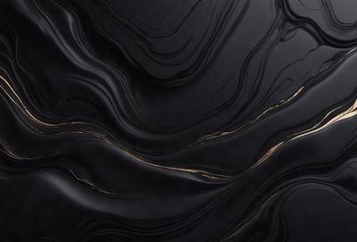 The primary subject of the image is a black marble countertop with a gold-colored design. The setting is a kitchen, and the visual style is a close-up of the marble countertop. The dominant colors are black and gold, creating a luxurious and elegant atmosphere.