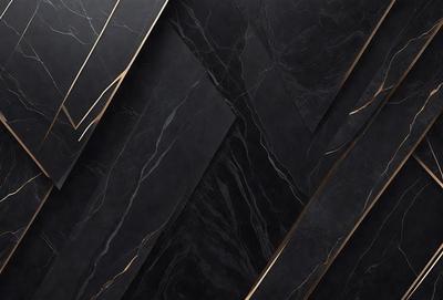 The primary subject of the image is a black and gold marble pattern. The setting is a black background, and the visual style is a close-up of the marble pattern. The colors and mood of the image are dark and sophisticated, with the gold accents adding a touch of luxury.
