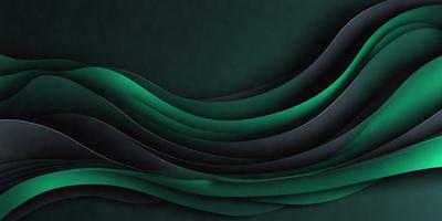 The primary subject of the image is a green wave-like pattern, which appears to be a digital art or illustration. The setting is a dark background, which contrasts with the green wave. The visual style suggests that the image is a creative and artistic representation of a wave. The colors and mood convey a sense of depth and movement, with the green wave being the dominant color and creating a dynamic atmosphere.