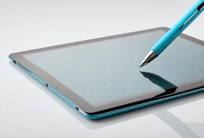The primary subject of the image is a blue tablet computer with a pen on top of it. The tablet is placed on a white surface, which serves as the background. The visual style of the image is a photo, capturing the real-life scene of the tablet and pen. The colors in the image are predominantly blue and white, creating a calm and clean atmosphere.