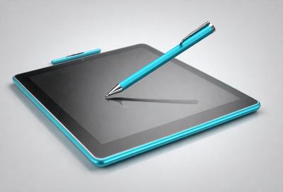 The primary subject of the image is a blue pen, which is placed on a blue tablet. The setting is a white background, and the visual style appears to be a digital art or illustration. The dominant colors in the image are blue and white, creating a calm and clean atmosphere.