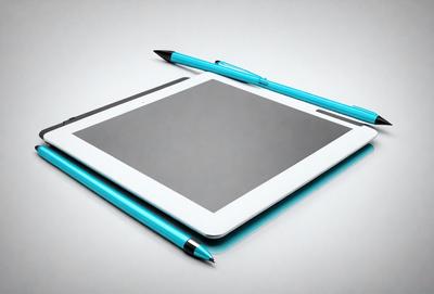 The primary subject of the image is a tablet computer with a blue pen on top of it. The tablet is placed on a white surface, which serves as the background. The visual style of the image is a close-up of the tablet and pen, showcasing the details of the objects. The colors and mood of the image are predominantly blue, giving it a calm and professional appearance.