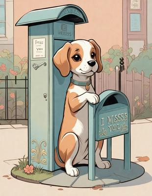 The primary subject of the image is a dog sitting on a mailbox. The setting is an outdoor environment with a fence visible in the background. The visual style is an illustration or a comic book-style drawing. The colors are predominantly shades of brown and white, giving the image a warm and cozy atmosphere.