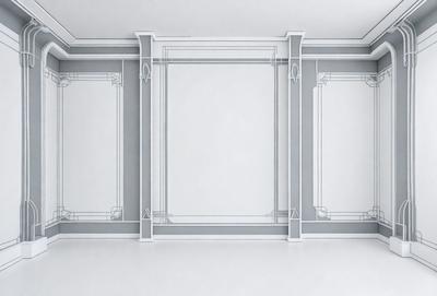 The image features a white wall with a large, ornate frame. The frame is adorned with intricate designs, giving the impression of a fancy picture frame. The wall itself is plain and white, providing a clean and minimalist backdrop for the frame. The overall atmosphere of the image is elegant and sophisticated.