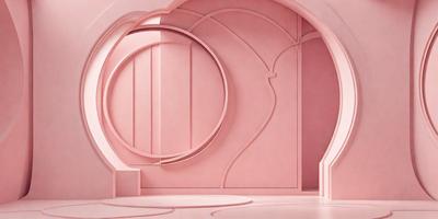 The primary subject of the image is a pink room with a circular wall. The setting is a room with a pink wall and a circular design. The visual style is a combination of photo and digital art, creating a unique and artistic atmosphere. The colors and mood are predominantly pink, giving the room a warm and inviting feel.