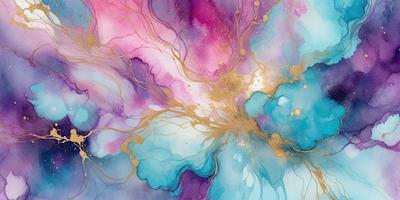 The primary subject of the image is a painting featuring a mix of colors, including purple, blue, and gold. The setting is a canvas, and the visual style is a painting. The dominant colors and overall atmosphere suggest a vibrant and lively mood.