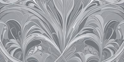 The primary subject of the image is a large, intricate, and detailed silver design, which appears to be a pattern or a piece of art. The setting is a gray background, which provides a neutral and clean environment for the design. The visual style of the image is a combination of digital art and illustration, as it showcases the intricate details and patterns of the silver design. The colors and mood of the image are predominantly silver and gray, creating a sense of elegance and sophistication.