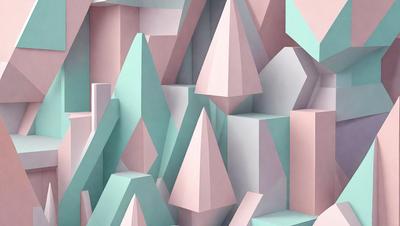 The primary subject of the image is a three-dimensional, colorful, and abstract design featuring a mix of pink, blue, and white colors. The setting is a large, pink and blue wall with a pattern of triangles and cubes. The visual style is a combination of digital art and illustration, creating a unique and eye-catching design. The overall atmosphere is vibrant and lively, with a focus on creativity and artistic expression.