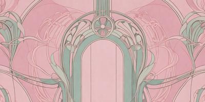 The primary subject of the image is a large, ornate doorway with a pink background. The doorway is adorned with a decorative design, featuring a green and pink color scheme. The setting is a room with a pink wall, and the visual style is a combination of digital art and illustration. The colors and mood of the image are warm and inviting, creating a sense of elegance and sophistication.