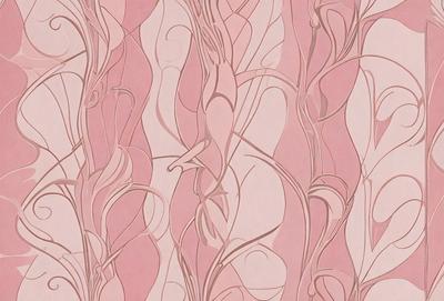 The primary subject of the image is a patterned wallpaper with a pink background. The setting is a room with a pink wall, and the visual style is a combination of digital art and illustration. The colors and mood of the image are predominantly pink, creating a warm and inviting atmosphere.