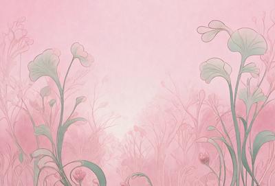 The primary subject of the image is a field of flowers, with a variety of different flowers visible. The setting is a pink background, which adds a warm and inviting atmosphere to the scene. The visual style is a combination of digital art and illustration, creating a vibrant and detailed representation of the flowers. The colors and mood of the image are predominantly pink, which adds a sense of tranquility and beauty to the scene.