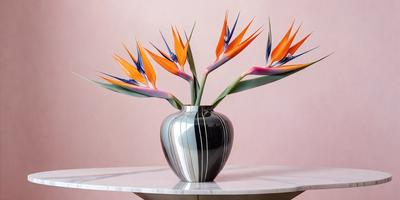 The primary subject of the image is a vase filled with a bouquet of flowers. The vase is placed on a table, and the flowers are arranged in a visually appealing manner. The setting appears to be indoors, with a pink wall in the background. The visual style of the image is a close-up of the vase and flowers, showcasing the details of the arrangement. The colors and mood of the image are predominantly pink, creating a warm and inviting atmosphere.