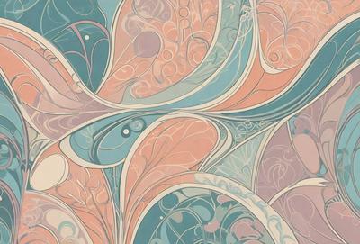 The primary subject of the image is a colorful, abstract design featuring a mix of pink, blue, and orange hues. The setting is a wall with a patterned background, which adds to the visual style. The design appears to be a combination of a painting and a digital artwork, creating a unique and vibrant atmosphere.