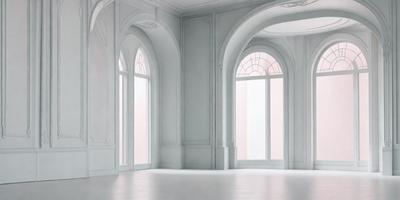 The primary subject of the image is a large, empty room with white walls and a white floor. The room features a row of arched windows, which allow natural light to enter the space. The setting is a spacious, clean, and well-lit room, likely in a building with a historical or architectural significance. The visual style of the image is a realistic representation of the room, with no digital manipulation or artistic elements. The colors and mood of the room are predominantly white, creating a sense of