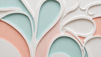 The primary subject of the image is a large, intricate paper cutout of a flower. The cutout is made of paper and features a pink and blue color scheme. The setting is a white background, which provides a clean and minimalist look to the artwork. The visual style is a combination of digital art and illustration, as the paper cutout is created using a computer-aided design (CAD) program. The overall atmosphere of the image is elegant and artistic, showcasing the beauty of the flower design