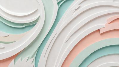 The primary subject of the image is a large, intricate paper sculpture of a wave. The sculpture is made of various colored paper, giving it a vibrant and artistic appearance. The setting is a white wall, which serves as a clean and neutral backdrop for the sculpture. The visual style of the image is a combination of digital art and illustration, as the paper sculpture is skillfully crafted and detailed. The colors and mood of the image are lively and energetic, as the wave sculpt