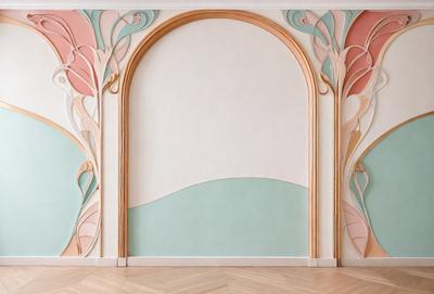 The primary subject of the image is a large, ornate wooden archway with a colorful, intricate design. The archway is painted with a variety of colors, creating a vibrant and lively atmosphere. The setting is a room with a white wall, which serves as a contrasting background for the archway. The visual style of the image is a combination of digital art and illustration, showcasing the intricate details of the archway design.