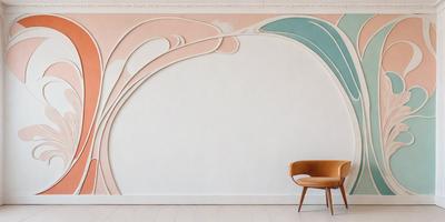 The primary subject of the image is a chair, which is placed in front of a wall. The setting is a room with a white wall, and the visual style appears to be a combination of digital art and illustration. The colors and mood of the image are predominantly white, creating a clean and minimalist atmosphere.