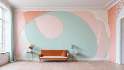 The primary subject of the image is a large, colorful wall mural. The setting is a living room with a couch and a table. The visual style is a combination of digital art and illustration, creating a vibrant and lively atmosphere. The dominant colors are pink, blue, and orange, which contribute to the overall mood of the room.