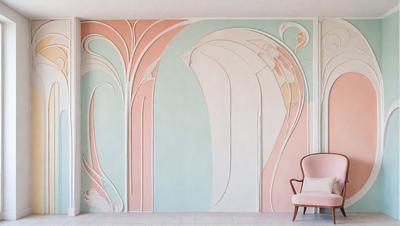 The primary subject of the image is a chair, which is placed in front of a wall with a mural of trees painted on it. The setting is a room with a pink wall, and the visual style appears to be a combination of digital art and illustration. The colors and mood of the image are predominantly pink, creating a warm and inviting atmosphere.