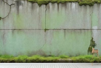 The primary subject of the image is a green wall with a crack in it. The setting is an outdoor environment, with a concrete wall visible in the background. The visual style is a photo, capturing the details of the green wall and the crack. The colors and mood of the image are predominantly green, giving it a natural and serene atmosphere.