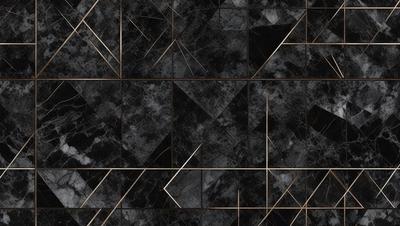 The primary subject of the image is a black and gold marble tile pattern. The setting is a black and gold marble tile wall, which serves as the background. The visual style is a close-up of the tile pattern, showcasing the intricate design. The colors and mood of the image are predominantly black and gold, giving it a luxurious and elegant appearance.