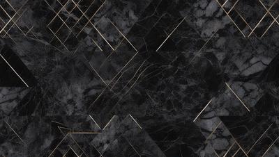The primary subject of the image is a black and gold marble tile pattern. The setting is a black and gold marble tile floor, which serves as the background. The visual style is a close-up of the tile pattern, showcasing the intricate design. The colors and mood of the image are predominantly black and gold, giving it a luxurious and elegant appearance.
