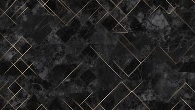 The primary subject of the image is a black and gold marble tile pattern. The setting is a black and gold marble tile floor, which serves as the background. The visual style is a close-up of the tile pattern, showcasing the intricate design. The colors and mood of the image are predominantly black and gold, giving it a luxurious and elegant appearance.