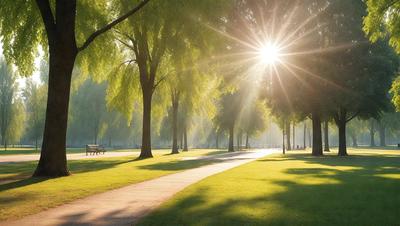 The primary subject of the image is a pathway in a park, surrounded by trees. The setting is a park with a bench visible in the background. The visual style is a photo, capturing the natural environment and the sunlight shining through the trees. The colors and mood are predominantly green, with the sunlight creating a warm and inviting atmosphere.