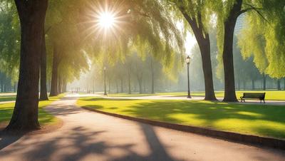 The primary subject of the image is a tree-lined path in a park. The setting is a grassy field with a sidewalk, and the visual style is a photo. The colors and mood of the image are predominantly green, with the sunlight creating a warm and inviting atmosphere.
