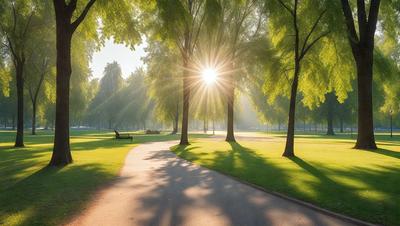 Primary subject: A pathway in a park with a bench and trees.

Setting/background: The pathway is surrounded by trees, creating a serene and natural atmosphere.

Visual style: The image is a photo of the park scene.

Colors and mood: The scene is predominantly green, with the sunlight creating a warm and inviting mood.